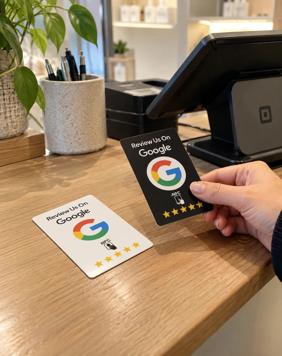 Tarjeta NFC para Google Reviews en el mostrador de un negocio
